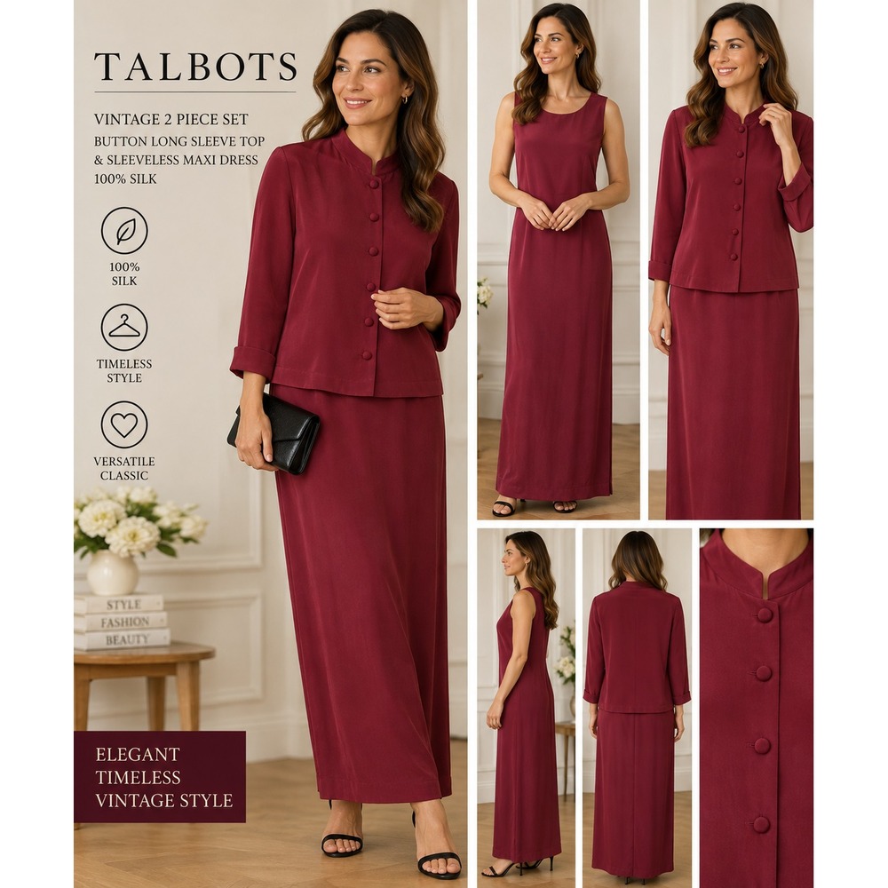 Vtg Talbots Womens 10 2 Piece Maxi Dress Jacket 100% Silk Burgundy Set
